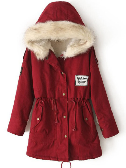 Red Fur Hooded Zipper Embellished Fleece Inside Military Coat