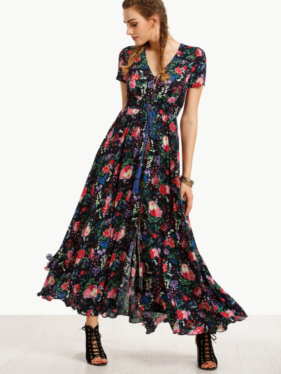 Vestido largo bajo volantes estampado - negro