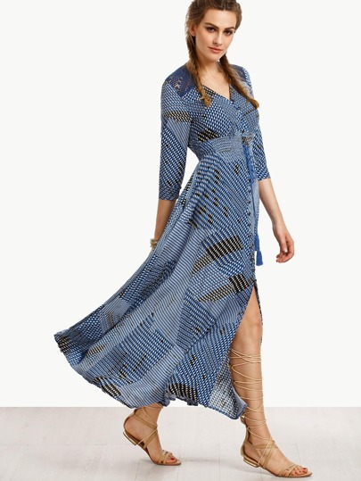Vestido con croché y estampado - azul