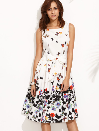 Butterfly Print Bow Waist Flare Tank Dress