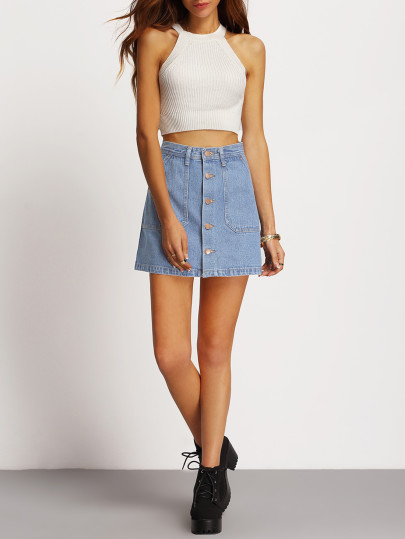 Faded Wash Slant Pocket Button Down Denim Skirt