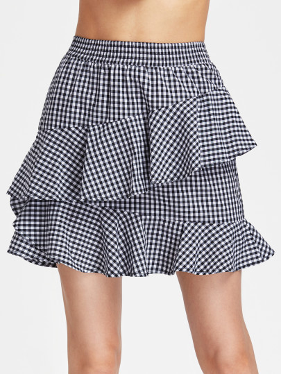 Elastic Waist Asymmetric Ruffle Trim Gingham Skirt