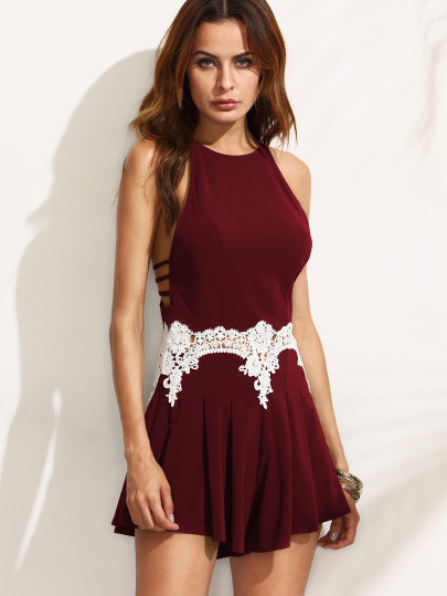 Lace Insert Strappy Racerback Pleated Wide Leg Romper