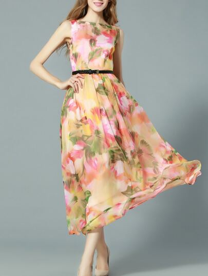 Vestido cuello barco flores -naranja