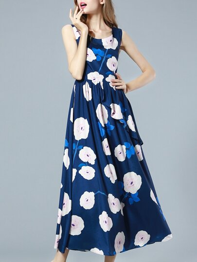 Vestido cuello redondo volantes -marino