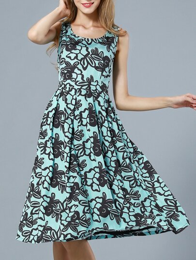 Vestido cuello redondo estampado -verde