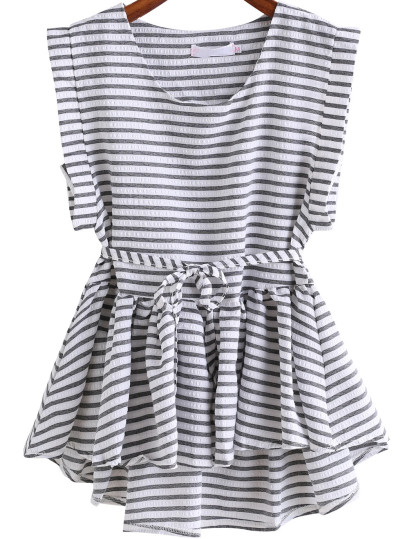 Striped Waist Tie Dip Hem Top