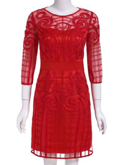 Vestido cuello redondo bordado -rojo