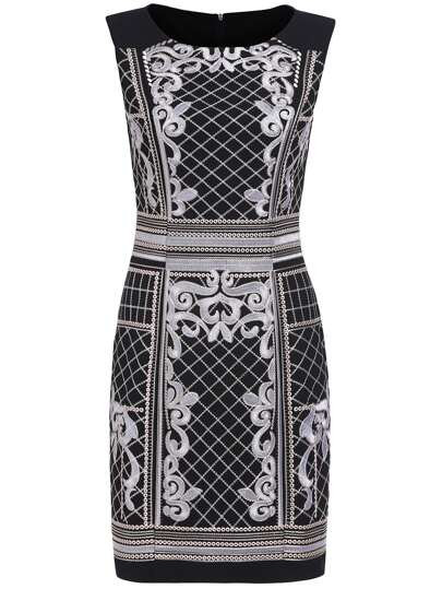 Vestido cuello redondo bordado -negro