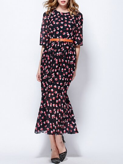 Vestido cuello redondo manga media estampado -negro