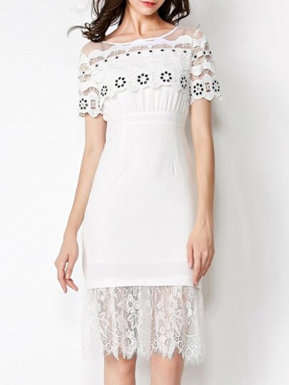 Vestido cuello redondo manga corta hollow -blanco