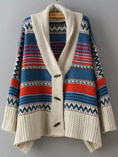 Multicolor Long Sleeve Tribal Print Sweater Coat