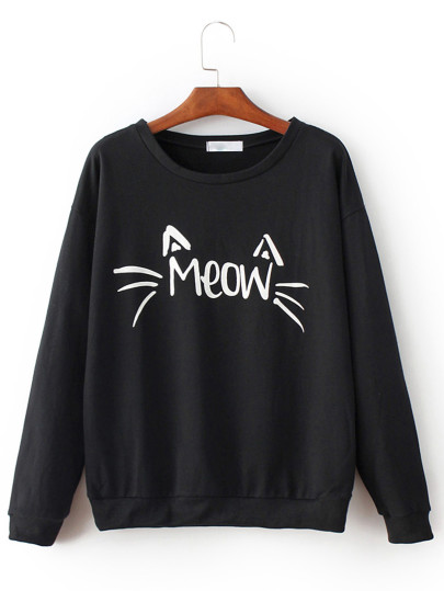 MEOW Cat Print Loose Black Sweatshirt