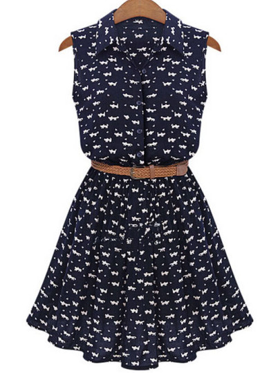 Lapel Cat Print Shirt Dress