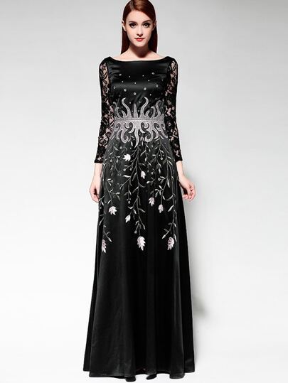Vestito ricamato con maniche lunghe nero