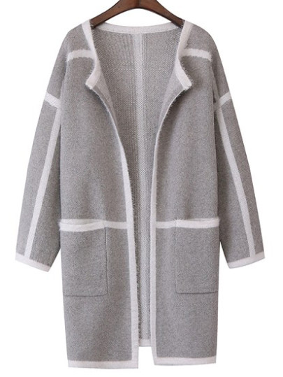 Grey Contrast Trims Pockets Sweater Coat
