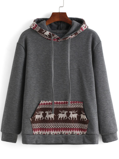 Grey Hooded Long Sleeve Deer Print Sweatshirt