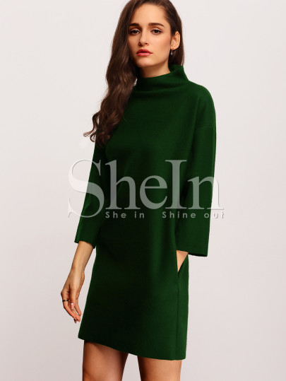 High Neck Zipper Back Dress With Pocket