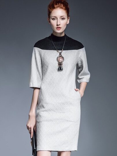 Robe bi-matière manches longues col rond -gris