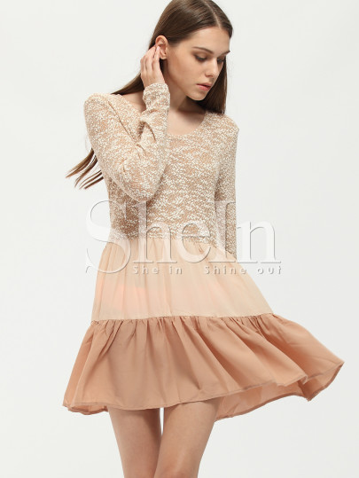 Apricot Long Sleeve Color Block Ruffle Dress
