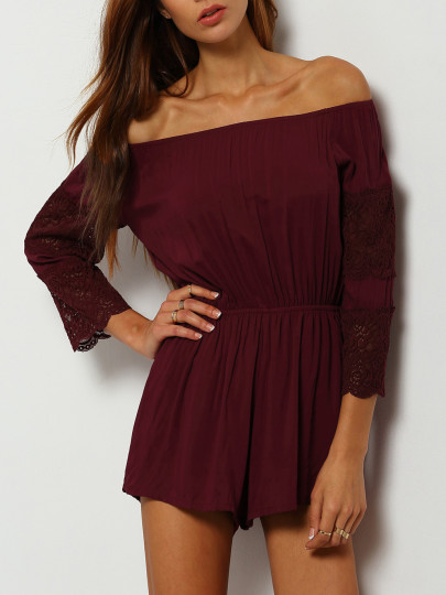 Bardot Crochet Lace Insert Pleated Romper