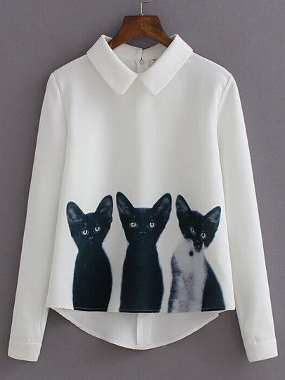 Cats Print Zipper Back Blouse