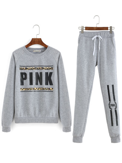Top imprimé lettres col rond avec pantalon -gris