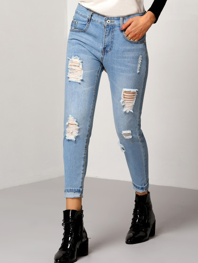 Pantalon en denim effet déchiré -bleu