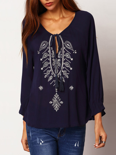 Lose Bluse mit Stickereien - marineblau