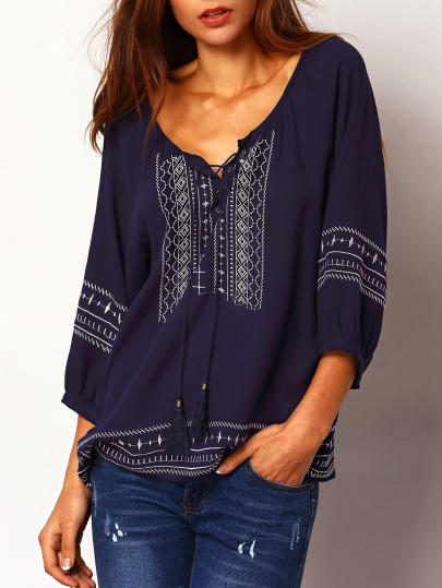Lace Up Embroidered Loose Blouse