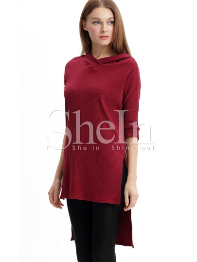 Burgundy Hooded Side Slit Dip Hem T-Shirt