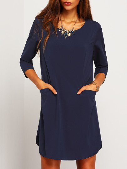 Elbow Sleeve Keyhole Back Pockets Dress