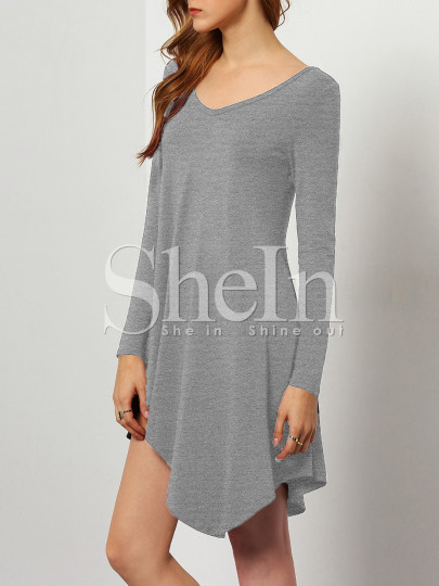 Grey V Neck Asymmetric Dress