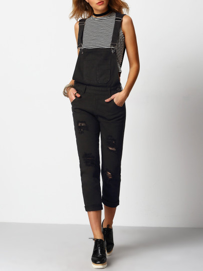 Ripped Front Pockets Denim Dungarees