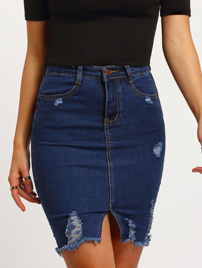 Jupe en denim fendu effet déchiré -bleu marine