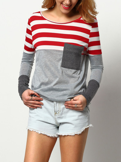 T-shirt à rayures col rond avec poches -rouge gris