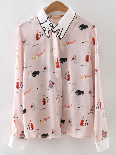 Contrast Collar Embroidery Blouse