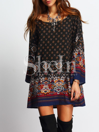 Scoop Neck Bell Sleeve Vintage Print Shift Dress
