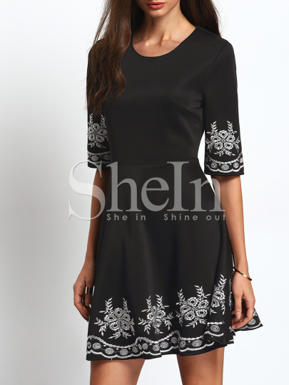 Elbow Sleeve Embroidered Flare Dress
