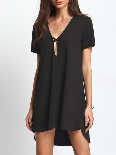 Keyhole Deep V Neck Dip Hem Dress