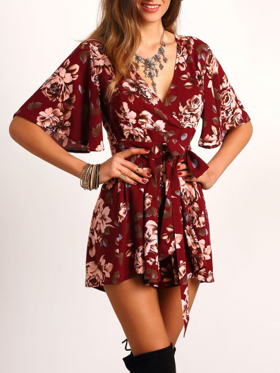 Jumpsuit mit Tunnelzug V-Ausschnitt und Blumenmuster