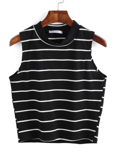 Top cuello redondo sin manga rayas -negro