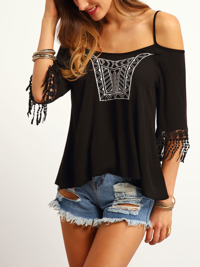 Cold Shoulder Embroidered Top With Fringe
