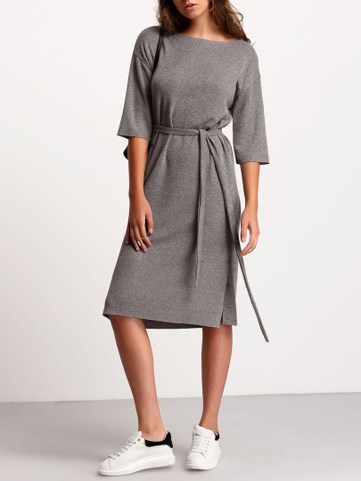 Vestito girocollo con cinghia grigio