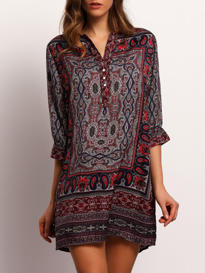 robe col V motif tribal -multicolore