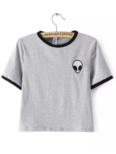 Crew Neck Alien Print Crop T-Shirt