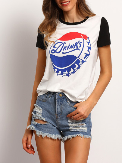 Contrast Sleeve Printed Casual T-shirt