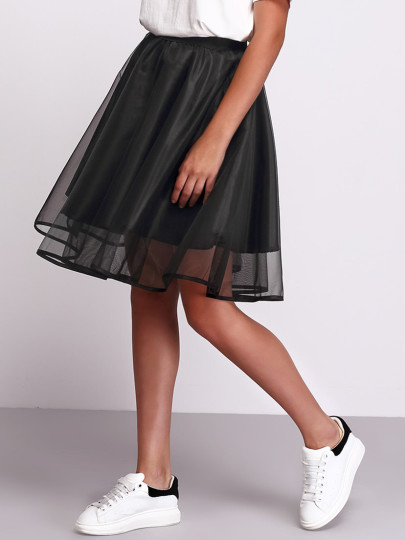 jupe évasée insertion mesh -Noir