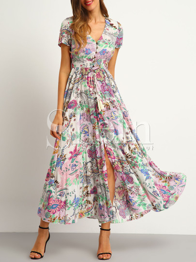 Button Split Front Flare Maxi Dress