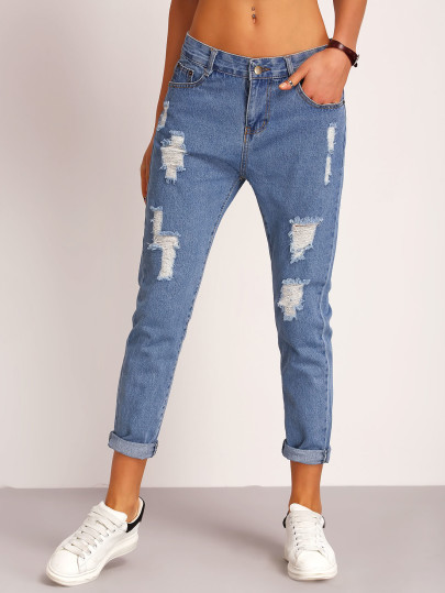 Ripped Detial Rolled Hem Jeans